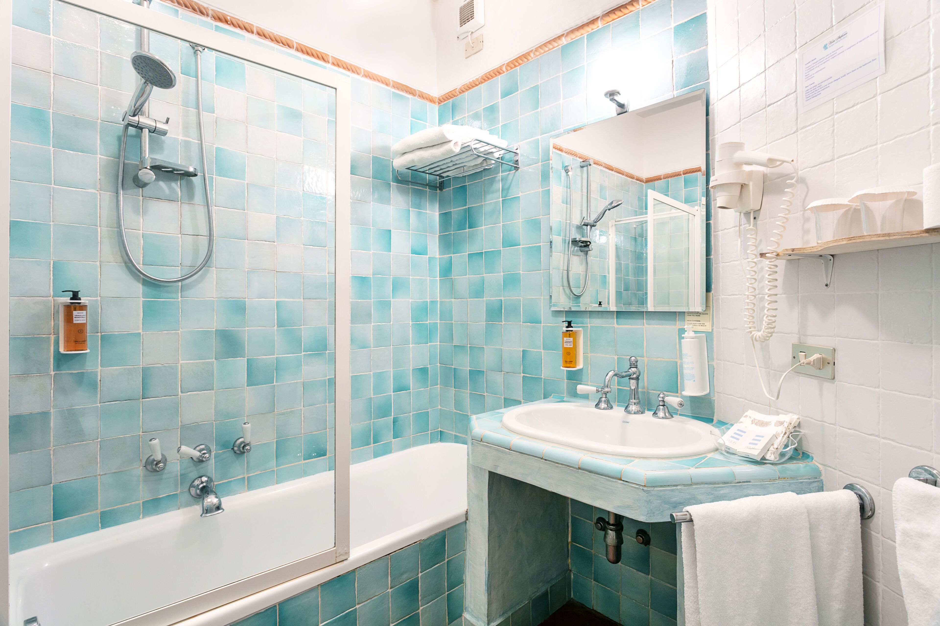 combined shower/bathtub, free toiletries, hair dryer, bidet