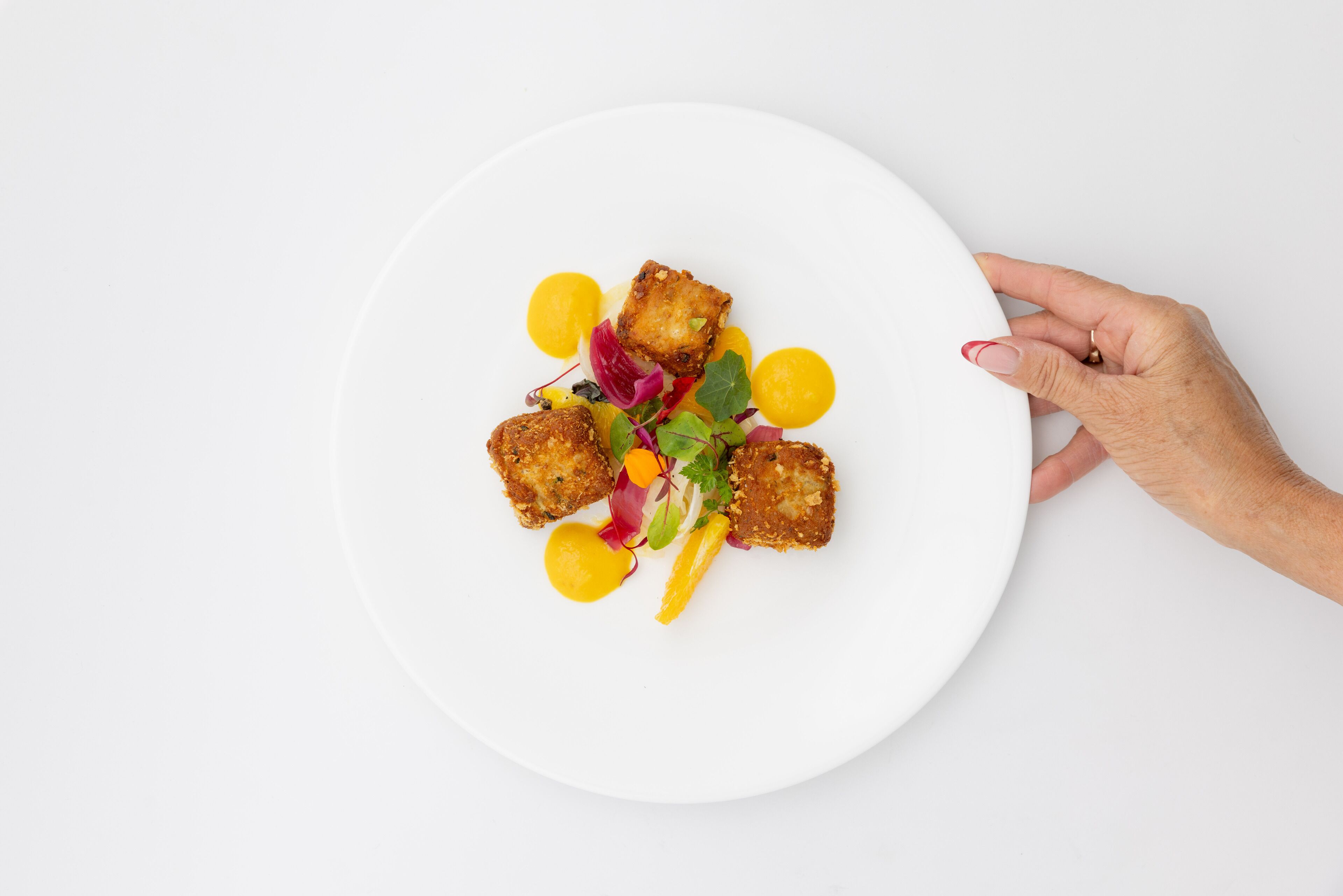 Un plato blanco con comida y una mano sosteniéndolo.