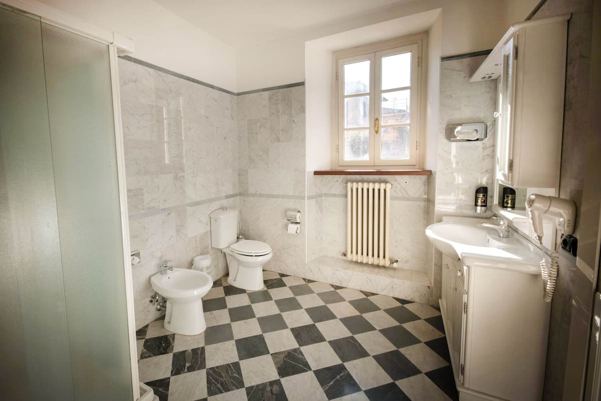 classic double room, city view | bathroom | shower, hair dryer, bidet, towels