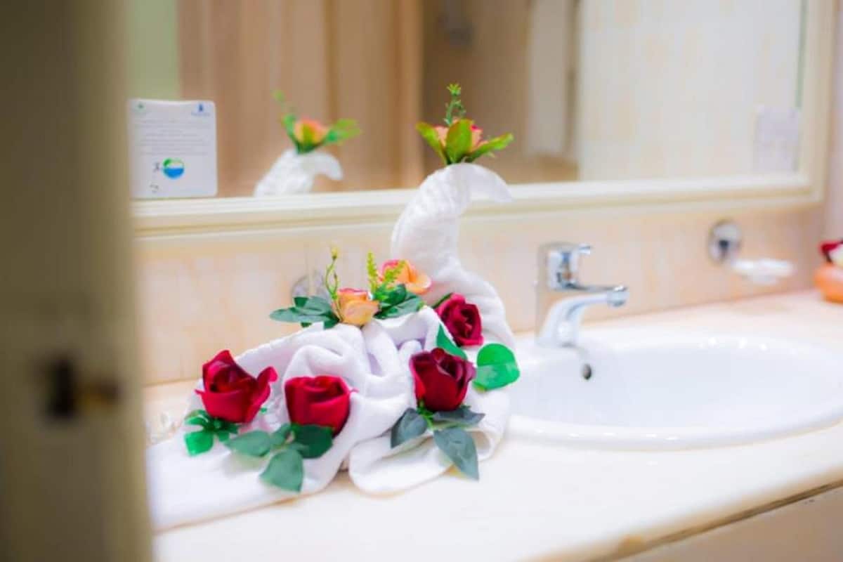 combined shower/bathtub, hair dryer, towels