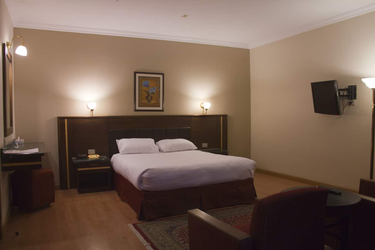 Quarto de hotel com cama, mesas de cabeceira, escrivaninha, cadeira, televisão e um quadro na parede.