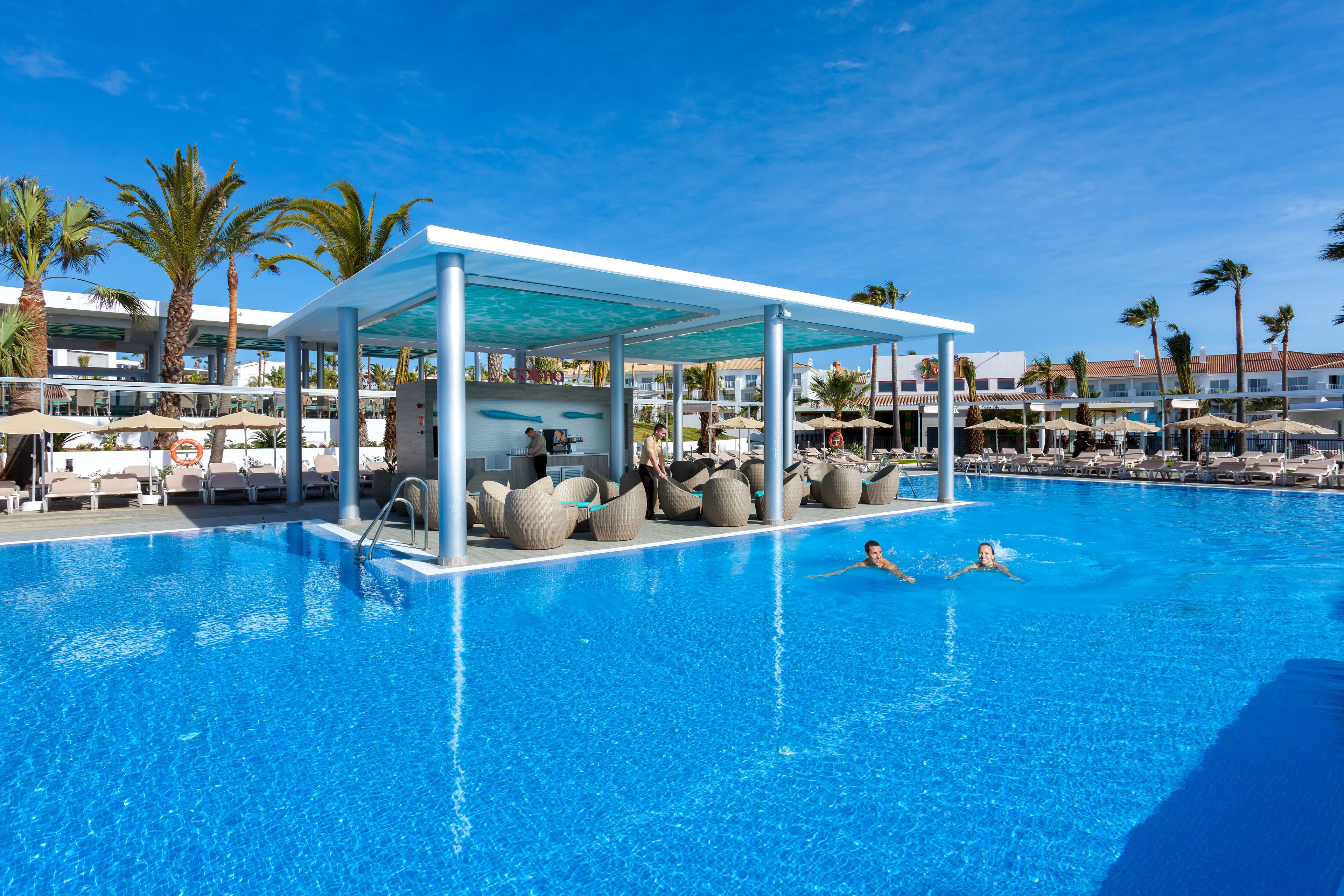Une piscine entourée de palmiers et d’immeubles, avec des chaises longues et des parasols.
