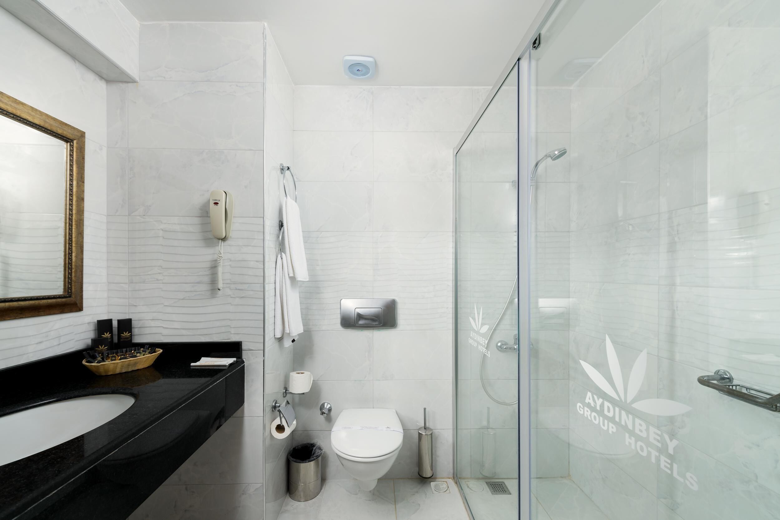 A modern bathroom with a black countertop, a white toilet, a glass shower enclosure, and a towel rack.