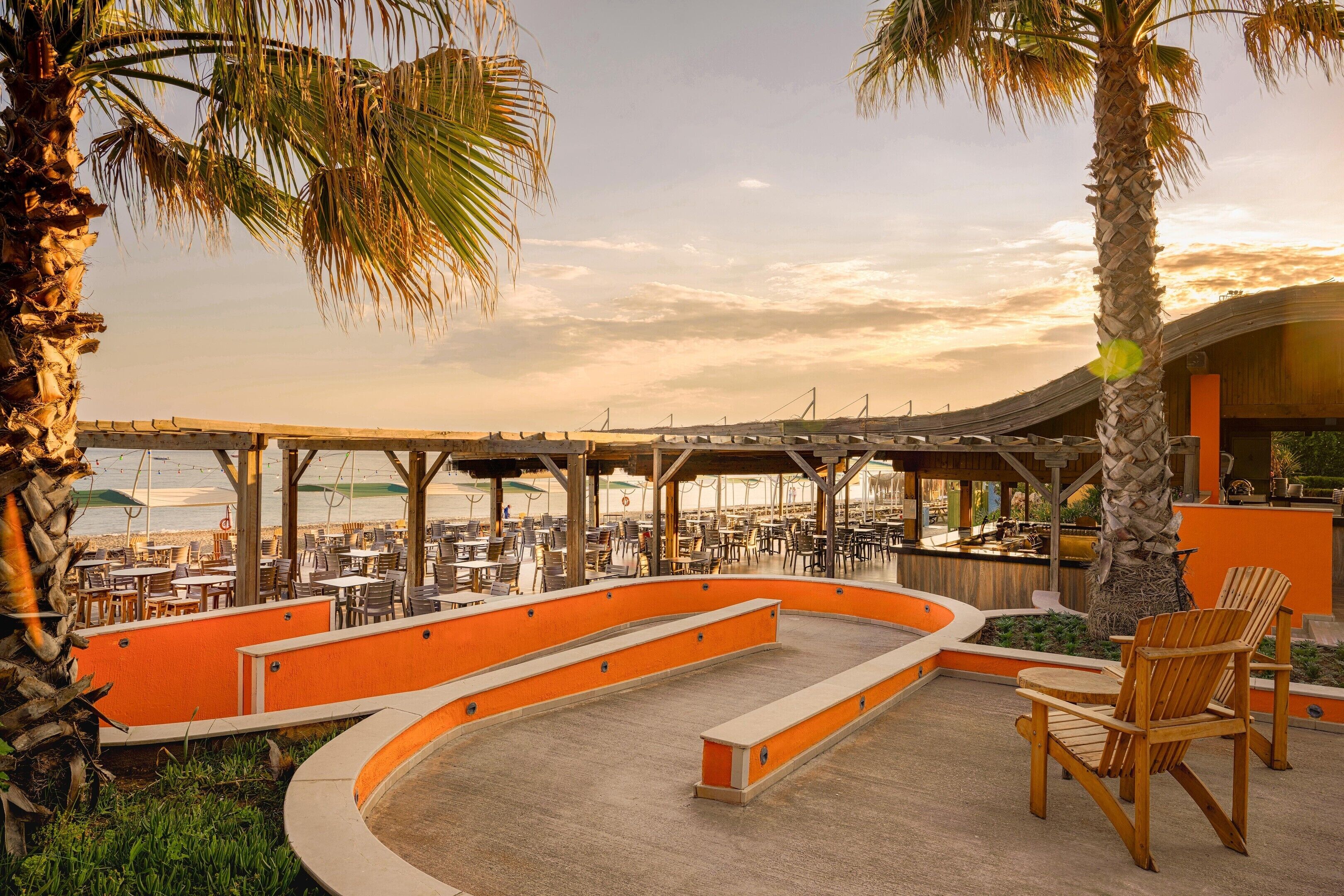 Un espacio al aire libre con mesas y sillas, una palmera y vista a la playa.