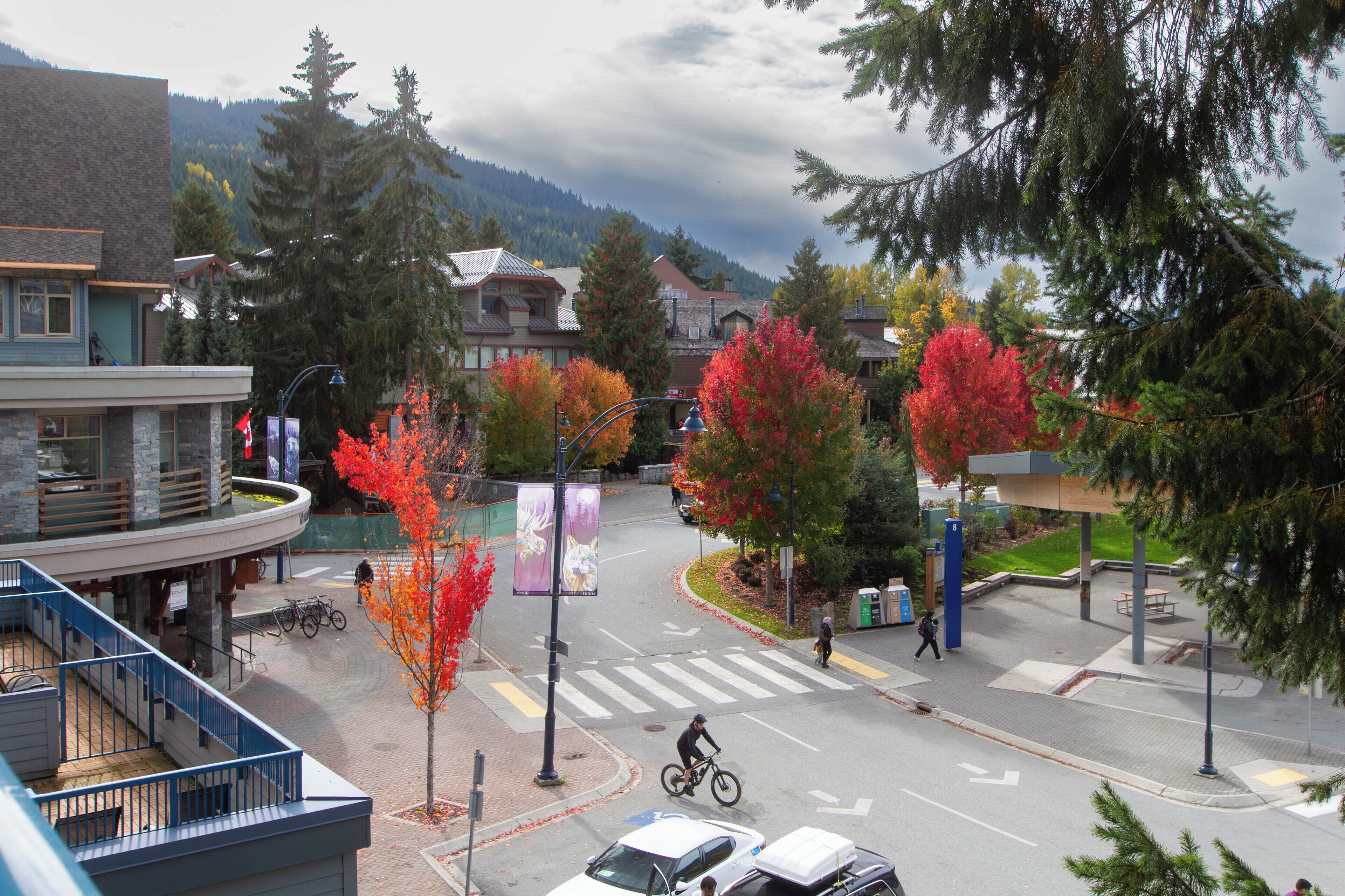 A street view with a crosswalk, a cyclist, and a pedestrian.