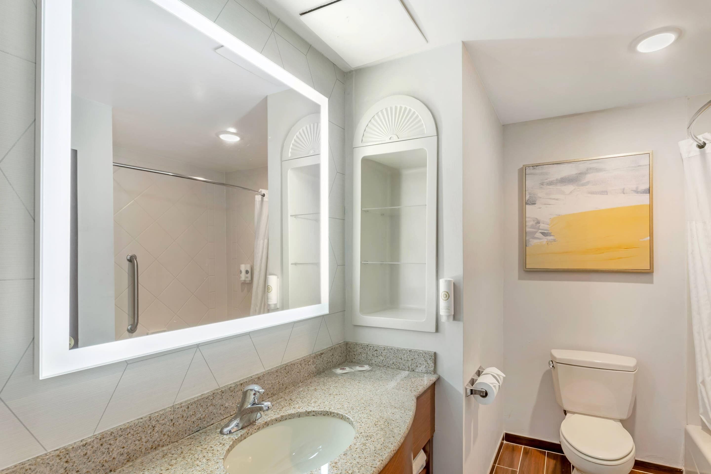 Un baño moderno con un espejo grande, un lavabo, un inodoro y una ducha.