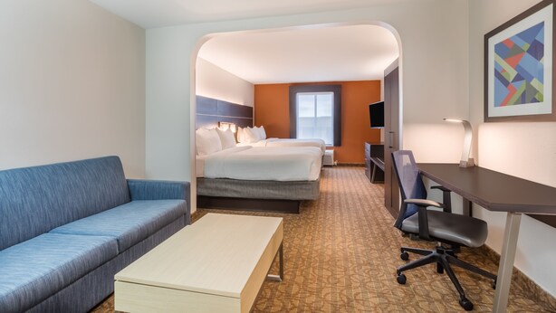 Una habitación de hotel con cama, escritorio, silla, sofá y una mesita.