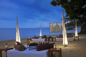Private beach, white sand, sun loungers, beach umbrellas