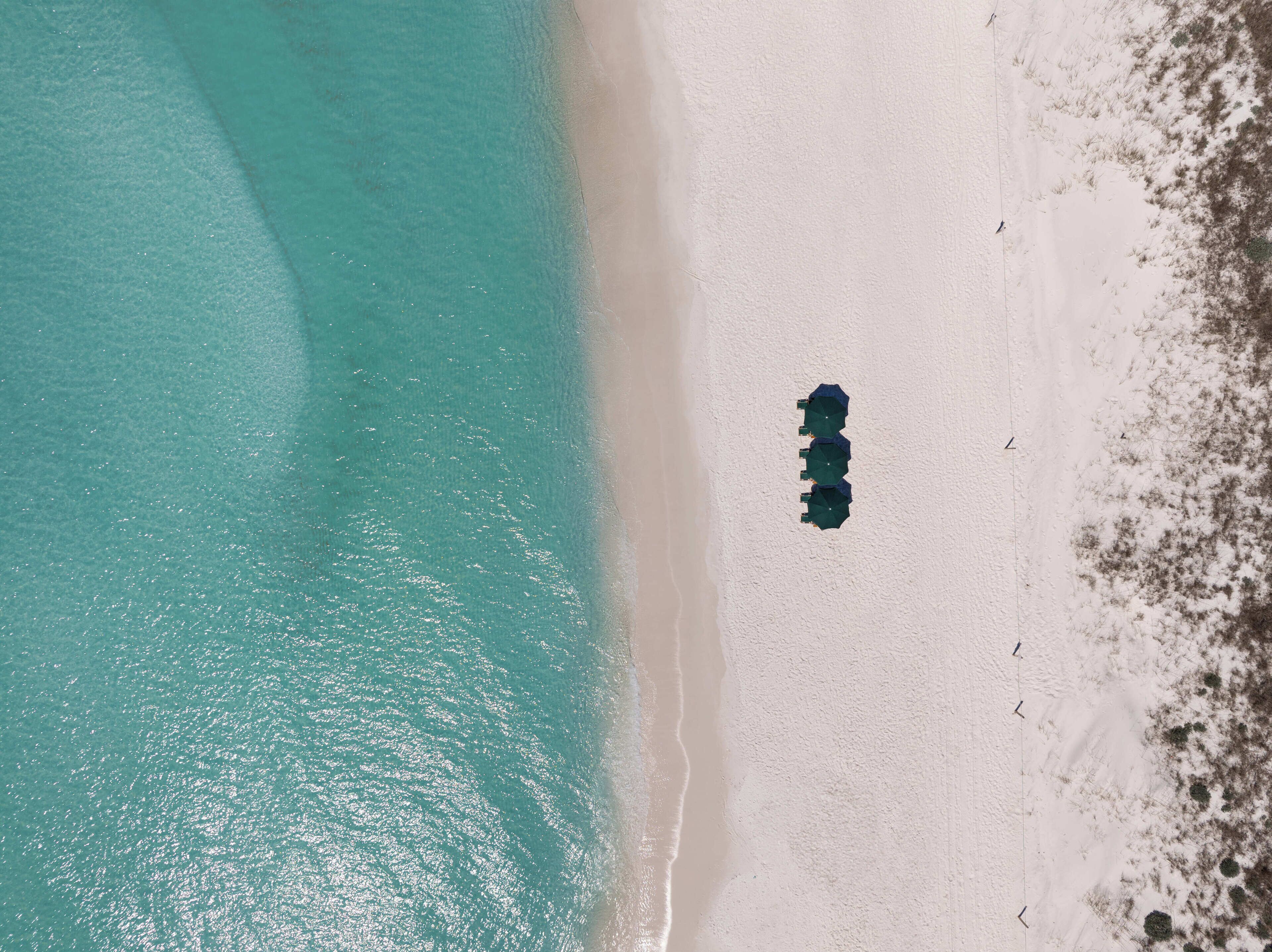 Vista aérea de una playa con una hilera de sombrillas y algunas personas.