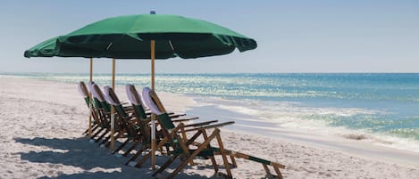 A row of beach chairs under a green umbrella on a sandy beach with the ocean in the background.