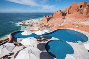 3 outdoor pools, open 8:00 AM to 9:00 PM, pool umbrellas, sun loungers