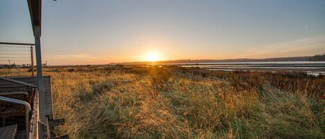 A sunset view from a wooden deck overlooking a grassy field and a body of water.