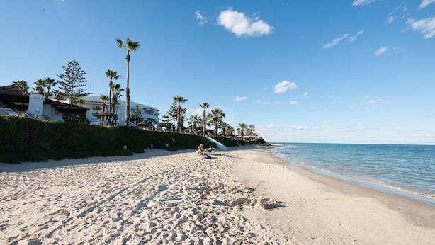 A beach with a sandy shore, palm trees, and a building with a sloped roof. - L´Orient Palace Resort & Spa (Sousse)