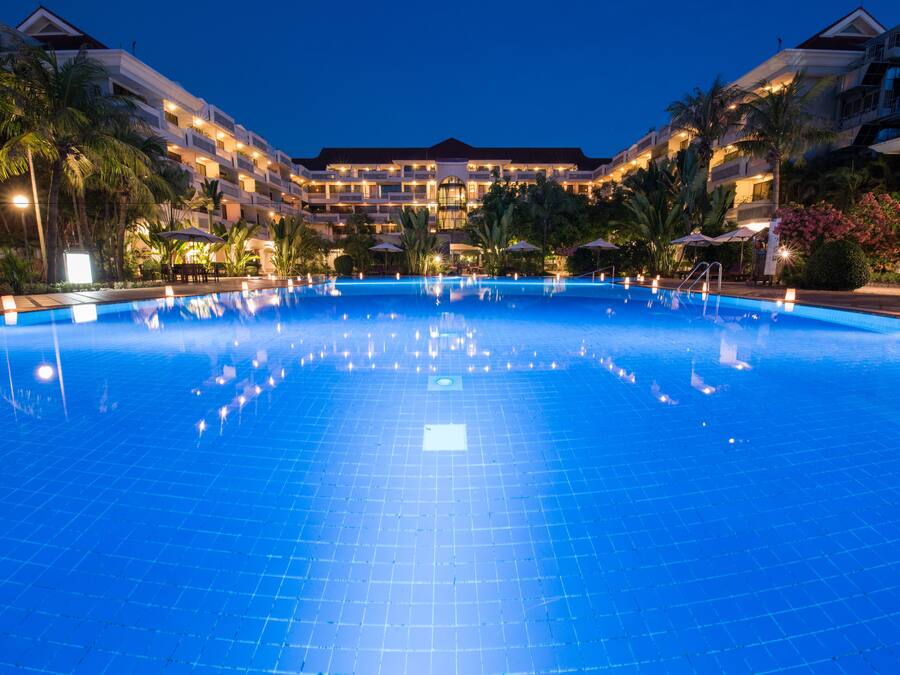 Outdoor pool, pool umbrellas, pool loungers