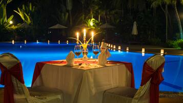 Outdoor pool, pool umbrellas, pool loungers