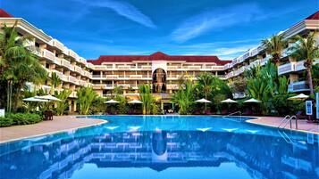 Outdoor pool, pool umbrellas, pool loungers