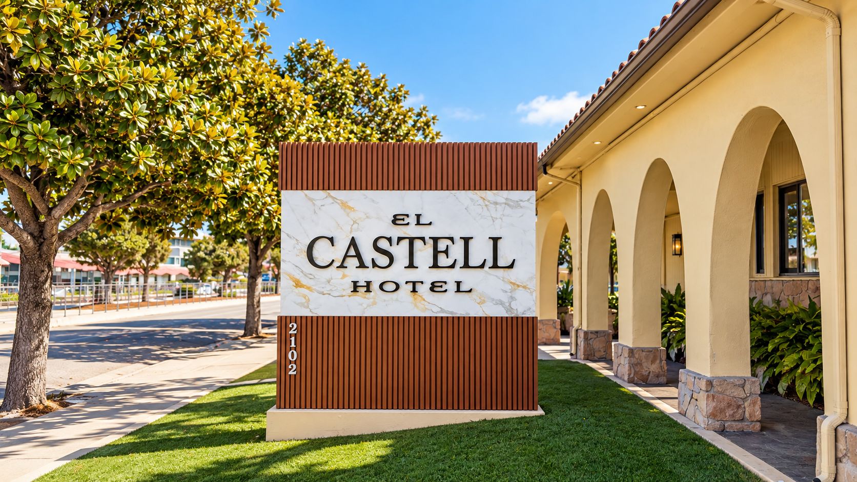 Señal de hotel con el nombre 'El Castell Hotel' y el número '2102' en la fachada de un edificio.