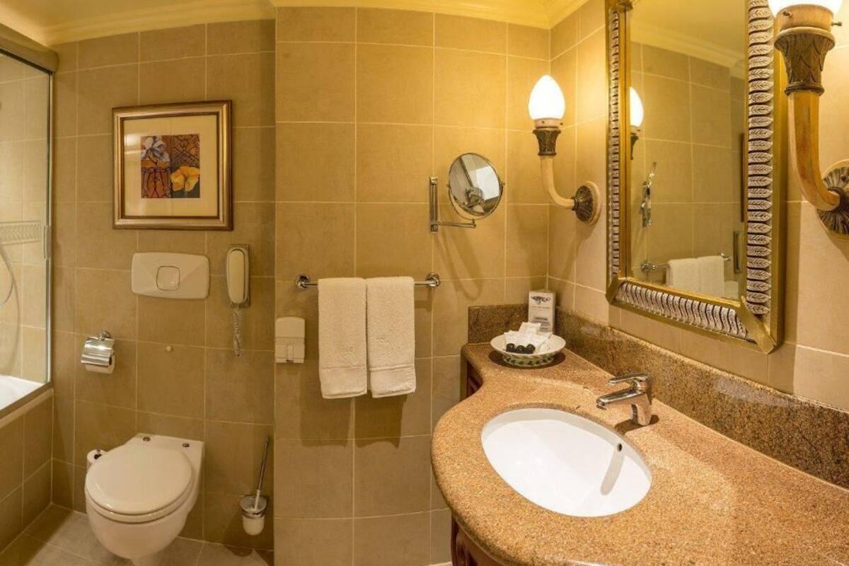 A bathroom with a toilet, sink, mirror, and a framed picture on the wall.