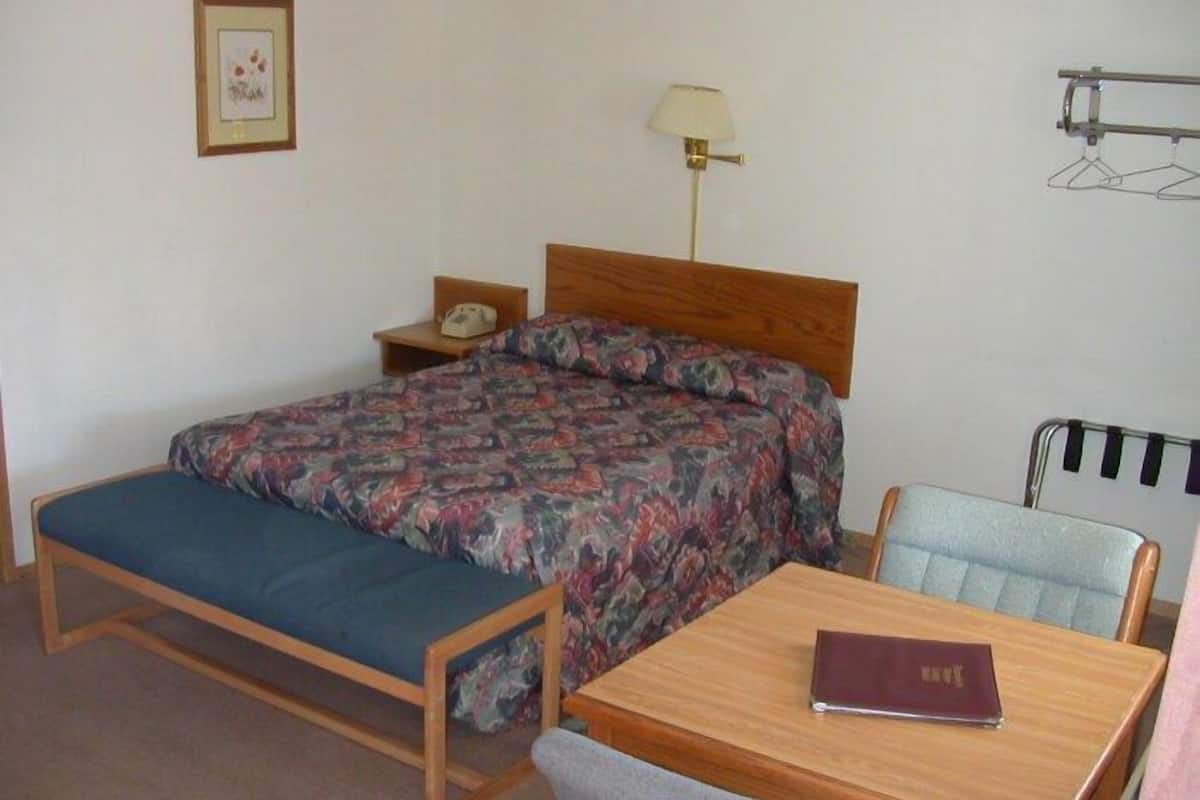 A single bed with a patterned bedspread, a bedside table with a lamp, a chair, and a small table with a book.