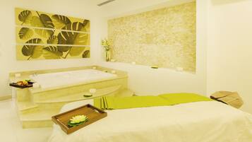 A modern spa room with a large bathtub, a massage table, and a wall-mounted artwork.