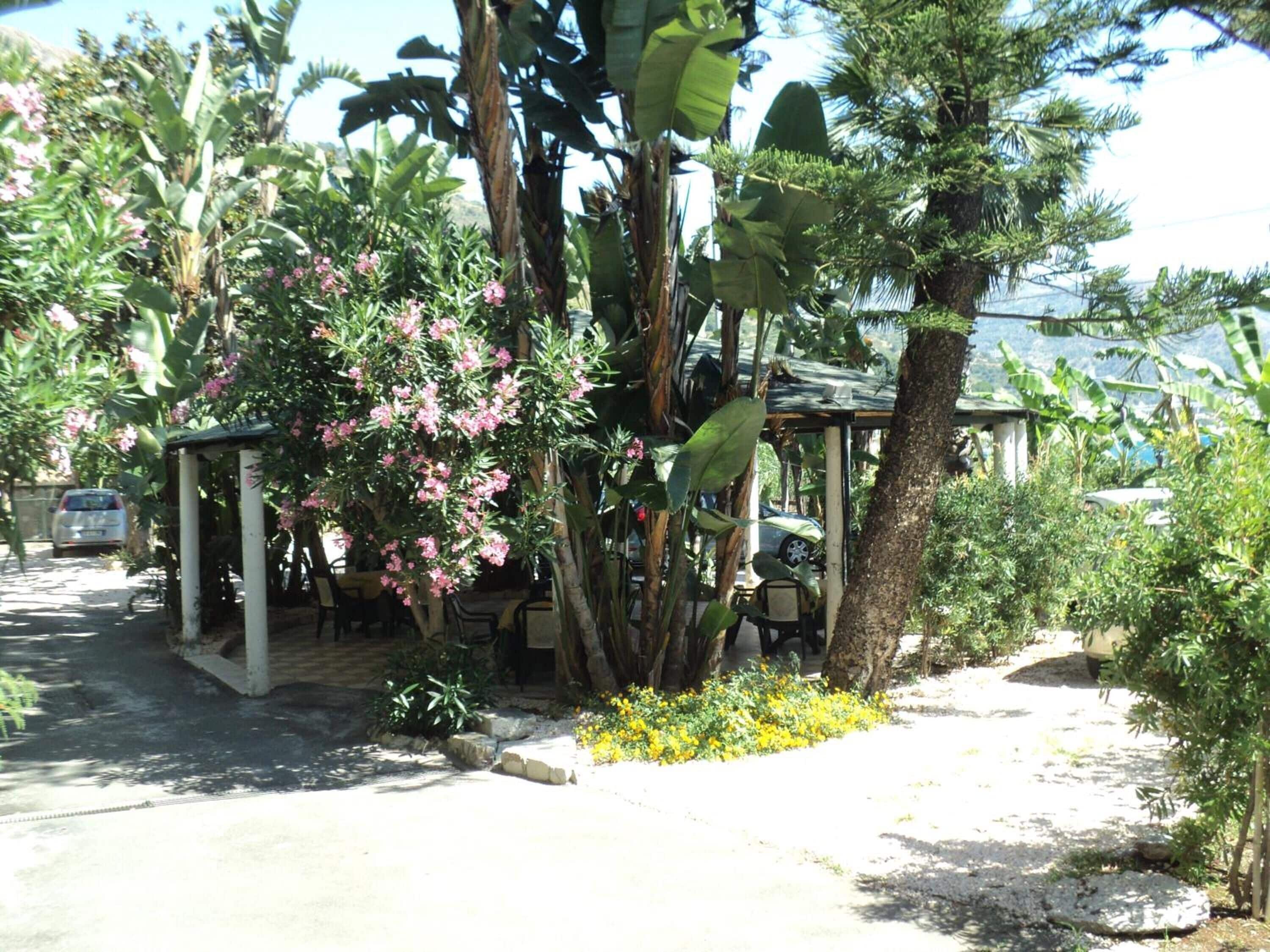 A covered outdoor seating area with tables and chairs, surrounded by lush tropical plants and a small garden.