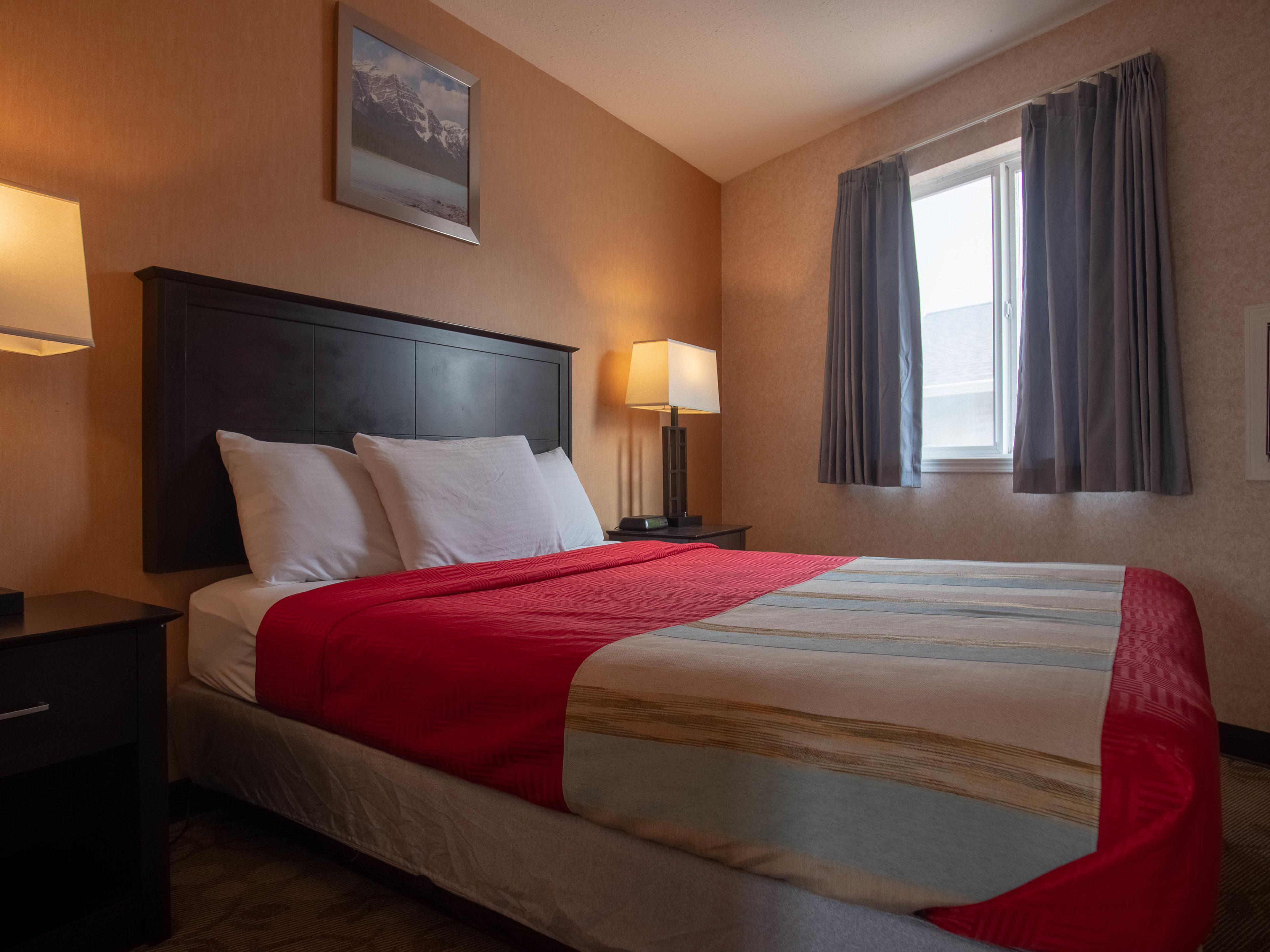 A hotel room with a bed, a nightstand, a lamp, a window with curtains, and a framed picture on the wall.