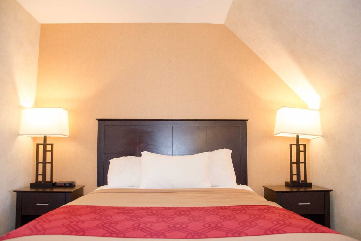 Ein Hotelzimmer mit einem großen Bett, zwei Nachttischen mit Lampen und einer roten, gemusterten Bettdecke.