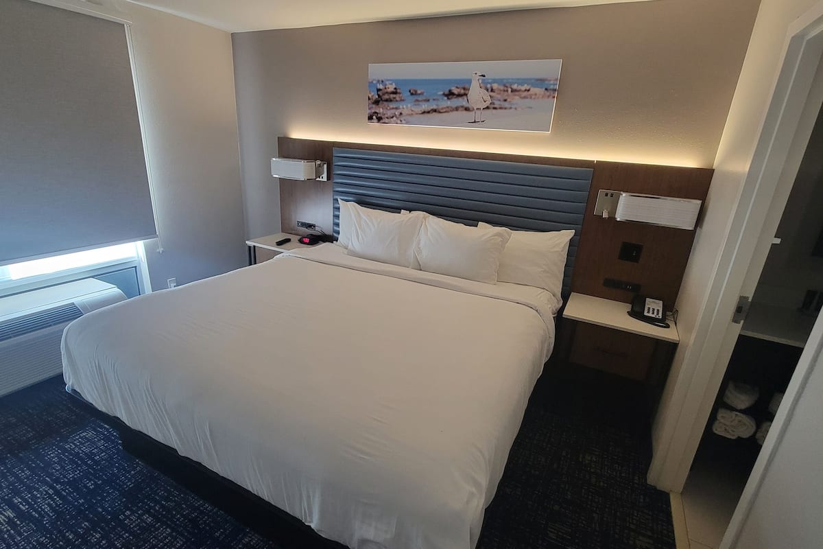 Une chambre d’hôtel avec un grand lit, une tête de lit, une table de chevet avec une lampe, un tableau au mur et une fenêtre avec des stores.