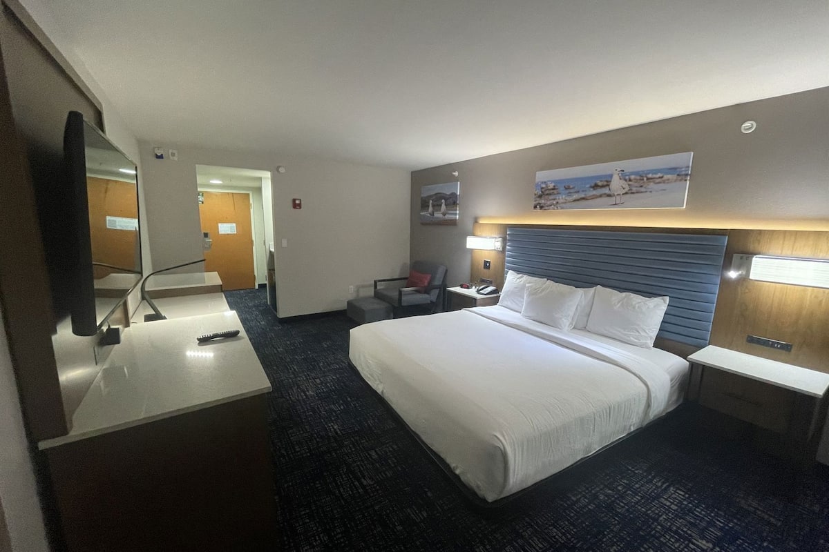 Une chambre d’hôtel avec un grand lit, un bureau, une chaise, une télévision et un tableau au mur.