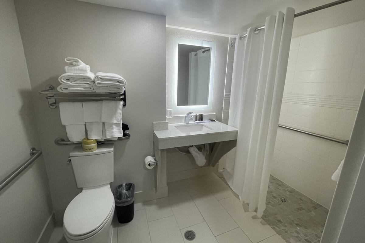 shower, free toiletries, hair dryer, towels