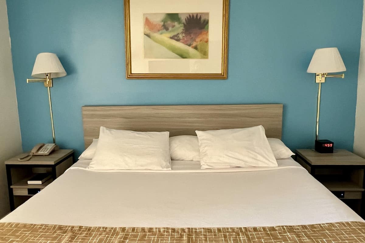 Habitación de hotel con una cama grande, dos mesitas de noche, una mesita con teléfono y un cuadro en la pared.