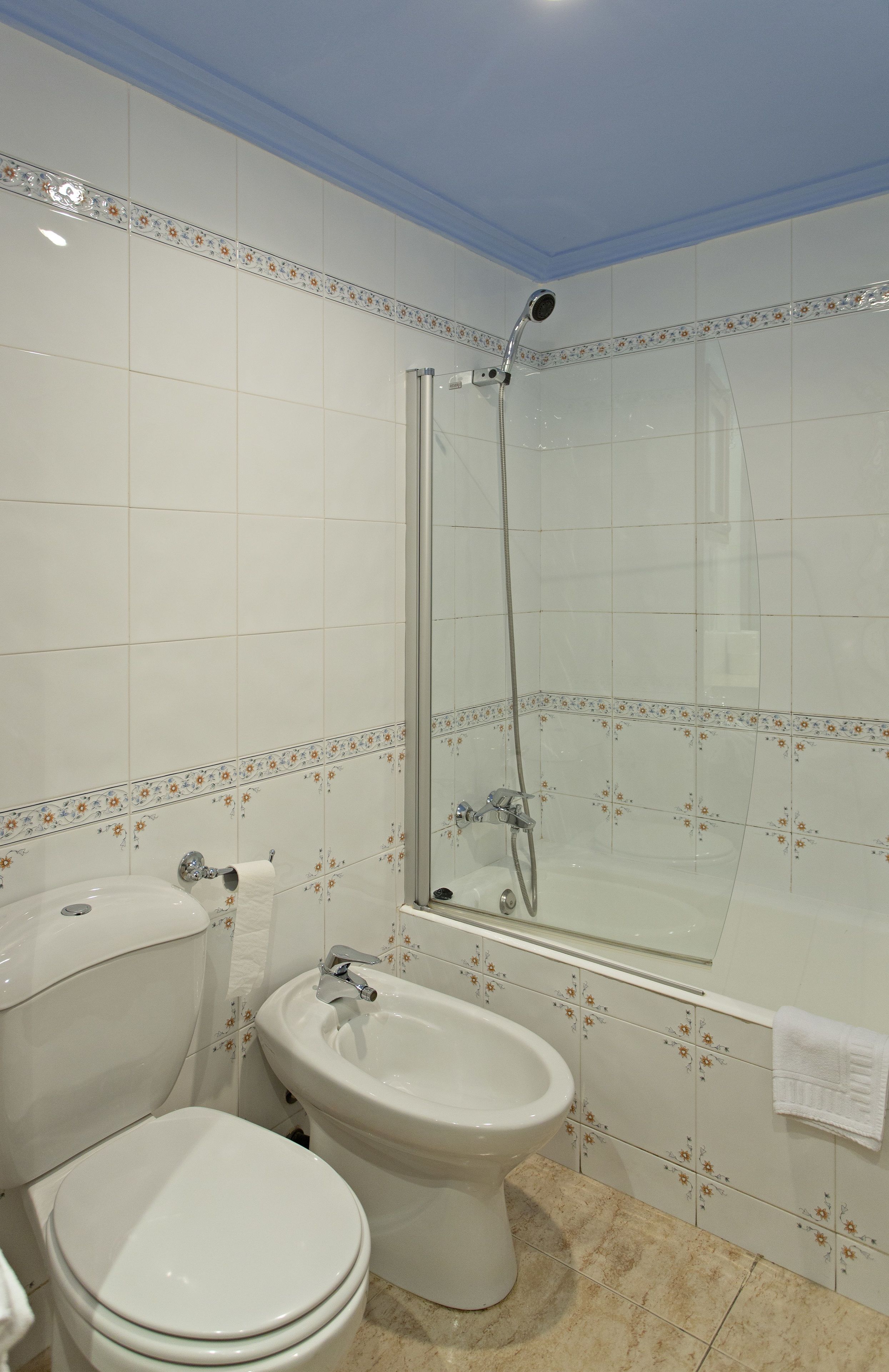 Ein Badezimmer mit Toilette, Bidet und einer Duschkabine.