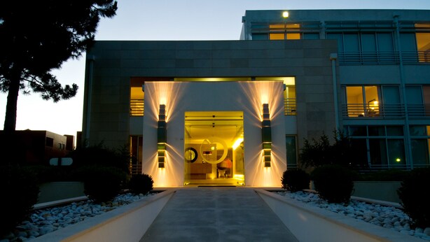 Entrada de un edificio moderno con un camino central que lleva a una puerta de cristal, flanqueada por dos pilares de luz.