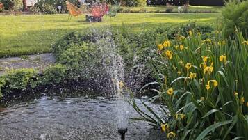 A garden with a water feature, greenery, and a lawn.