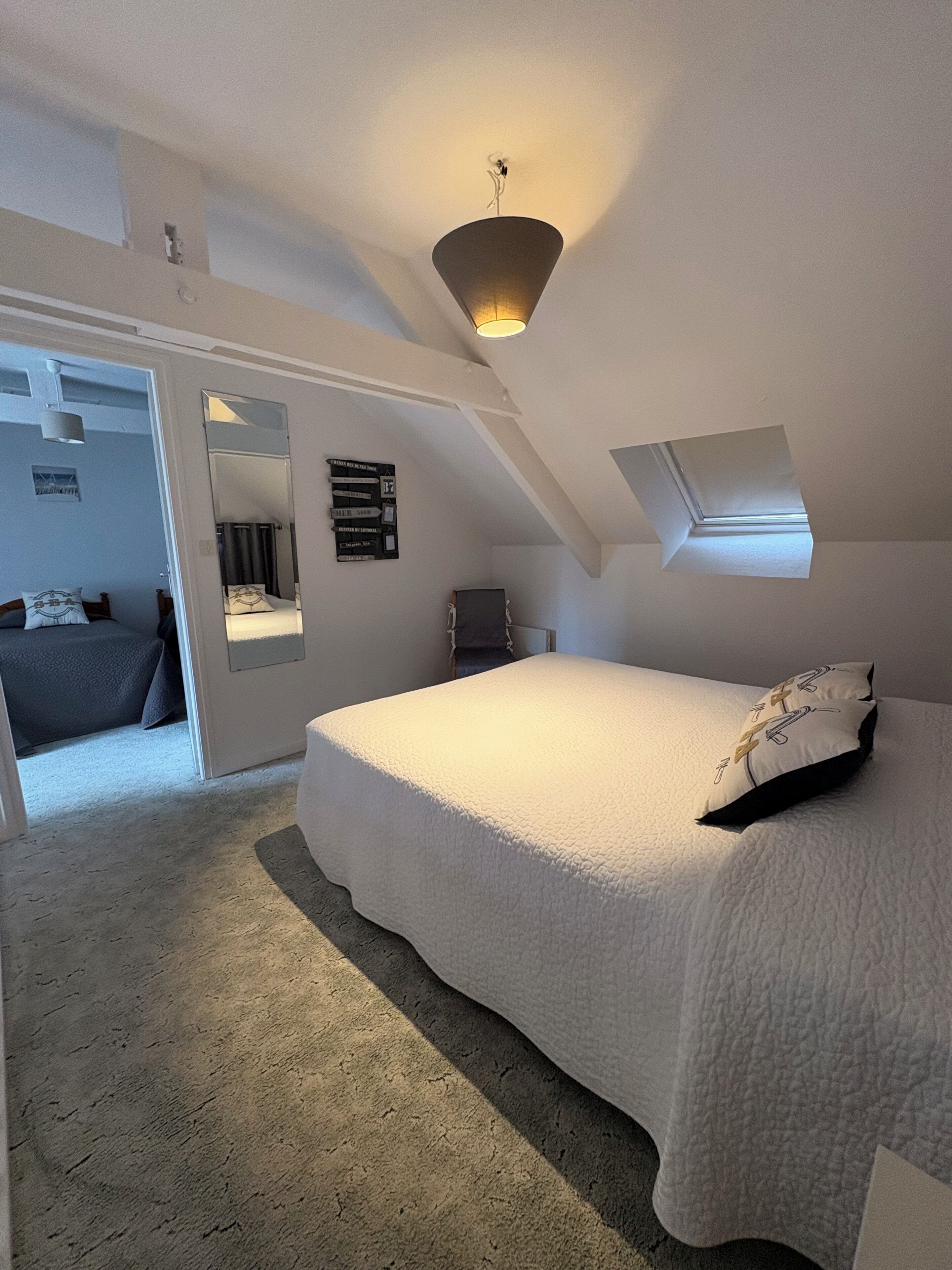 Un dormitorio con una cama grande, tragaluces, un espejo y una puerta que da a otra habitación.