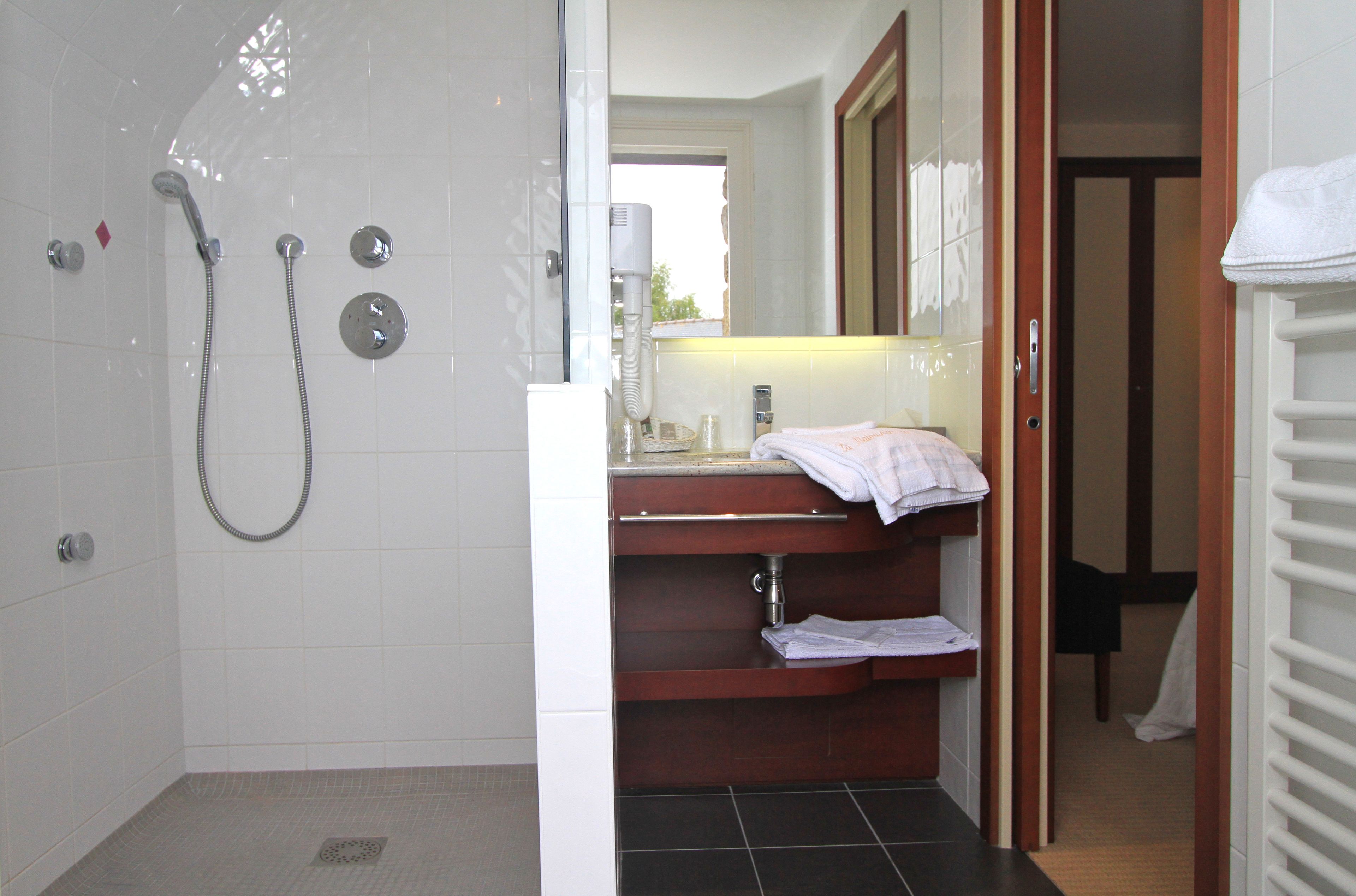 Une salle de bain avec une douche, un lavabo avec un miroir et un porte-serviettes.