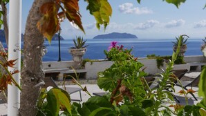Eine Terrasse mit Kübelpflanzen, Blick auf das Meer und eine entfernte Insel.