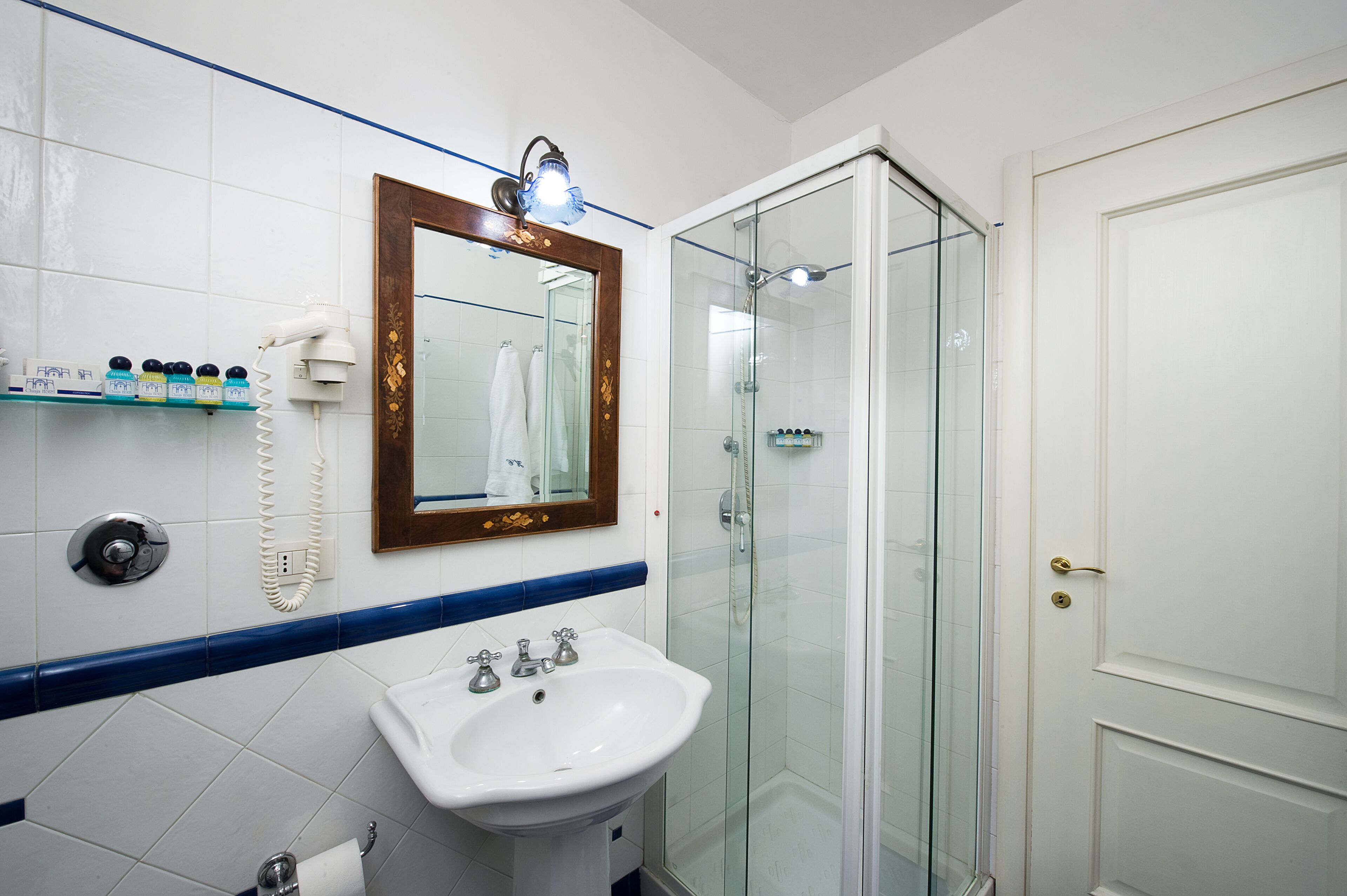 hair dryer, bidet, towels, soap