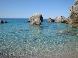 Private beach, white sand, sun loungers, beach umbrellas