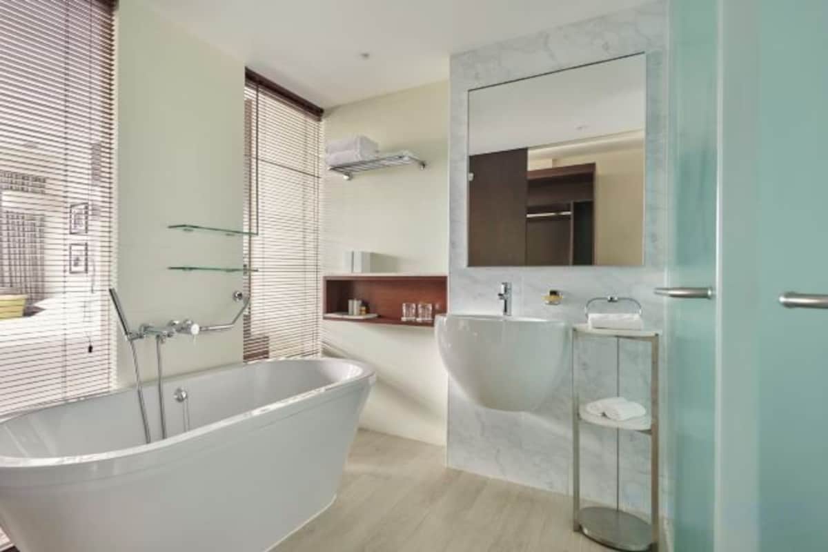Combined shower/bathtub, deep-soaking bathtub, bathrobes, towels