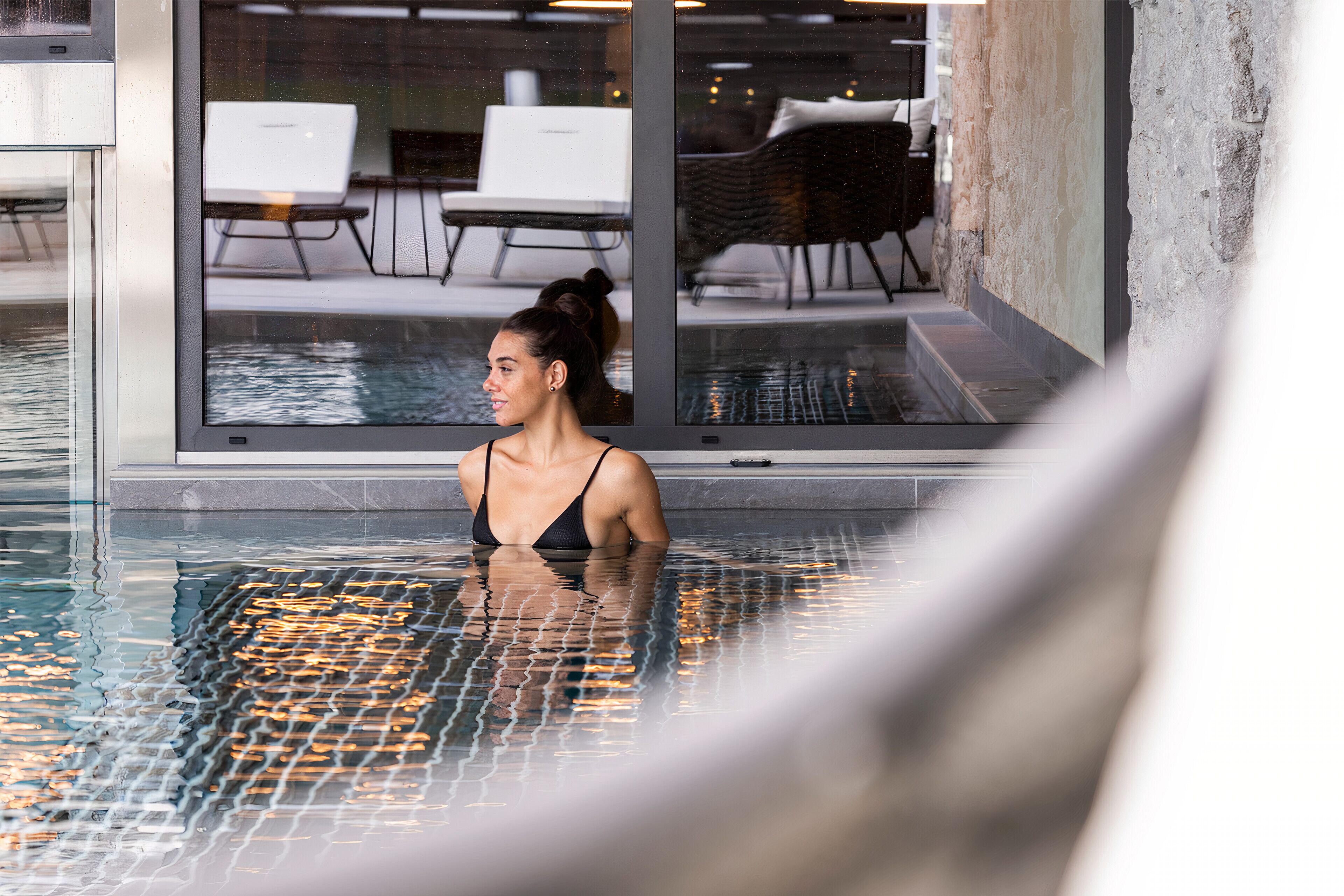 indoor pool, seasonal outdoor pool, pool umbrellas, pool loungers