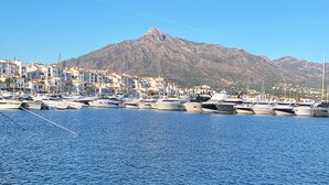 Un port de plaisance avec des bateaux amarrés, une montagne en arrière-plan et des bâtiments le long de la rive.