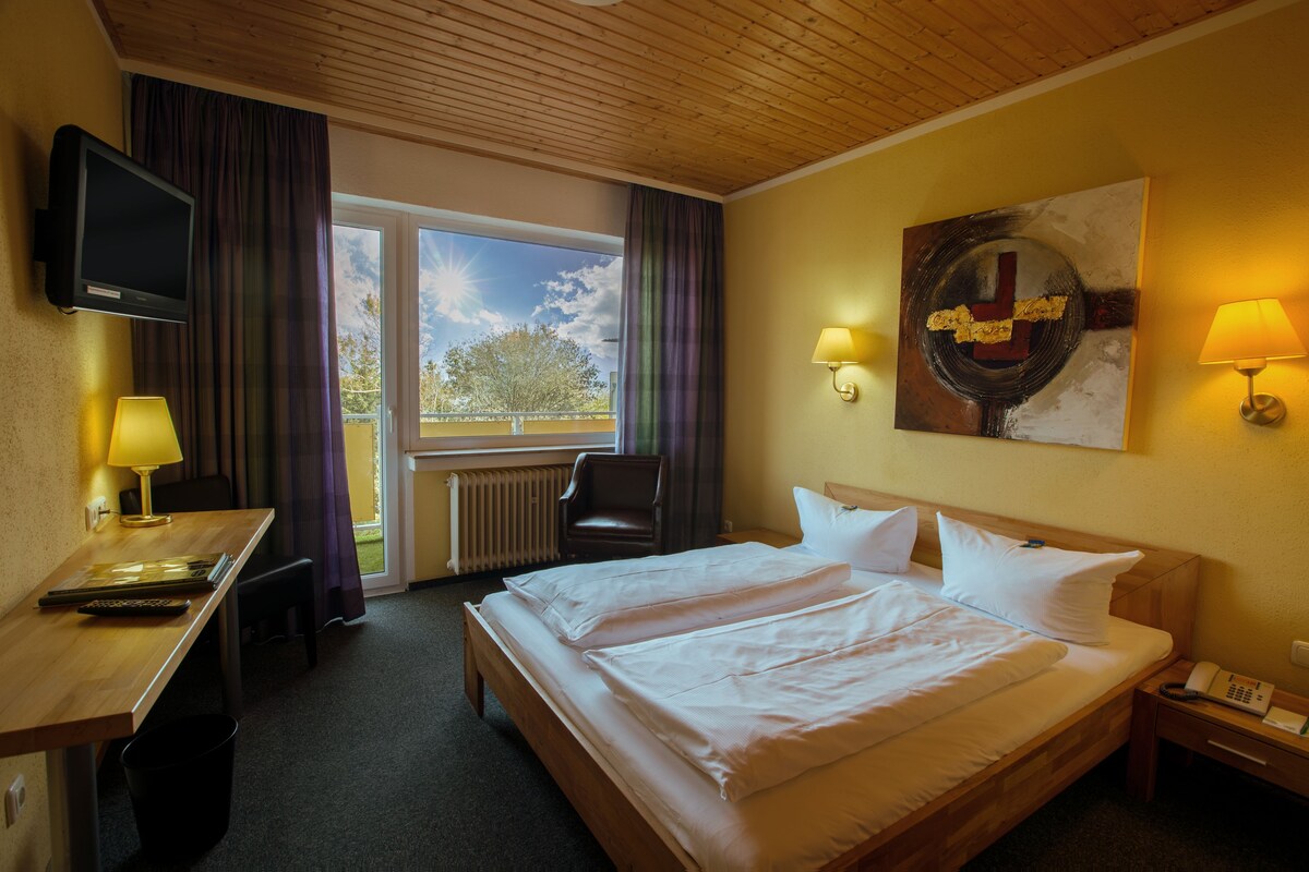 Habitación de hotel con cama, escritorio, silla, televisor, ventana con cortinas y un cuadro en la pared.