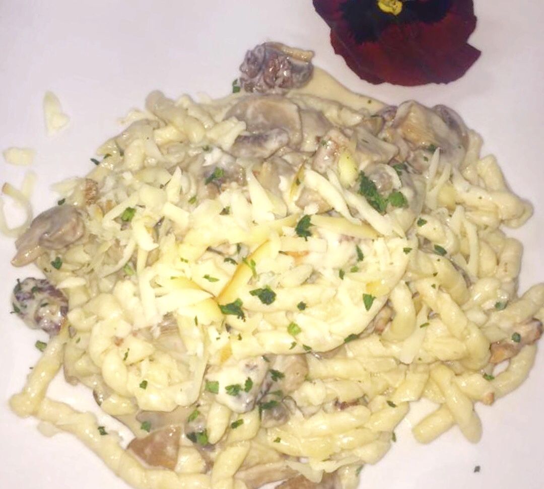 Un piatto di pasta con funghi e formaggio, guarnito con erbe aromatiche.