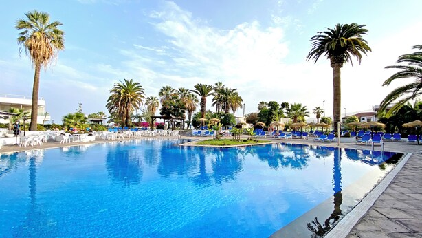 Una amplia piscina exterior rodeada de palmeras y sillones azules.