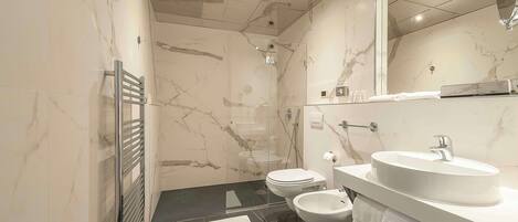 A modern bathroom with a glass shower enclosure, a white toilet, and a vanity with a large mirror.