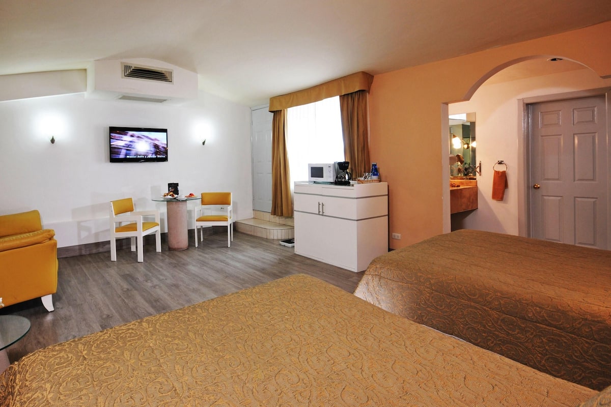 Habitación de hotel con cama, sofá, escritorio, televisor, microondas y baño.