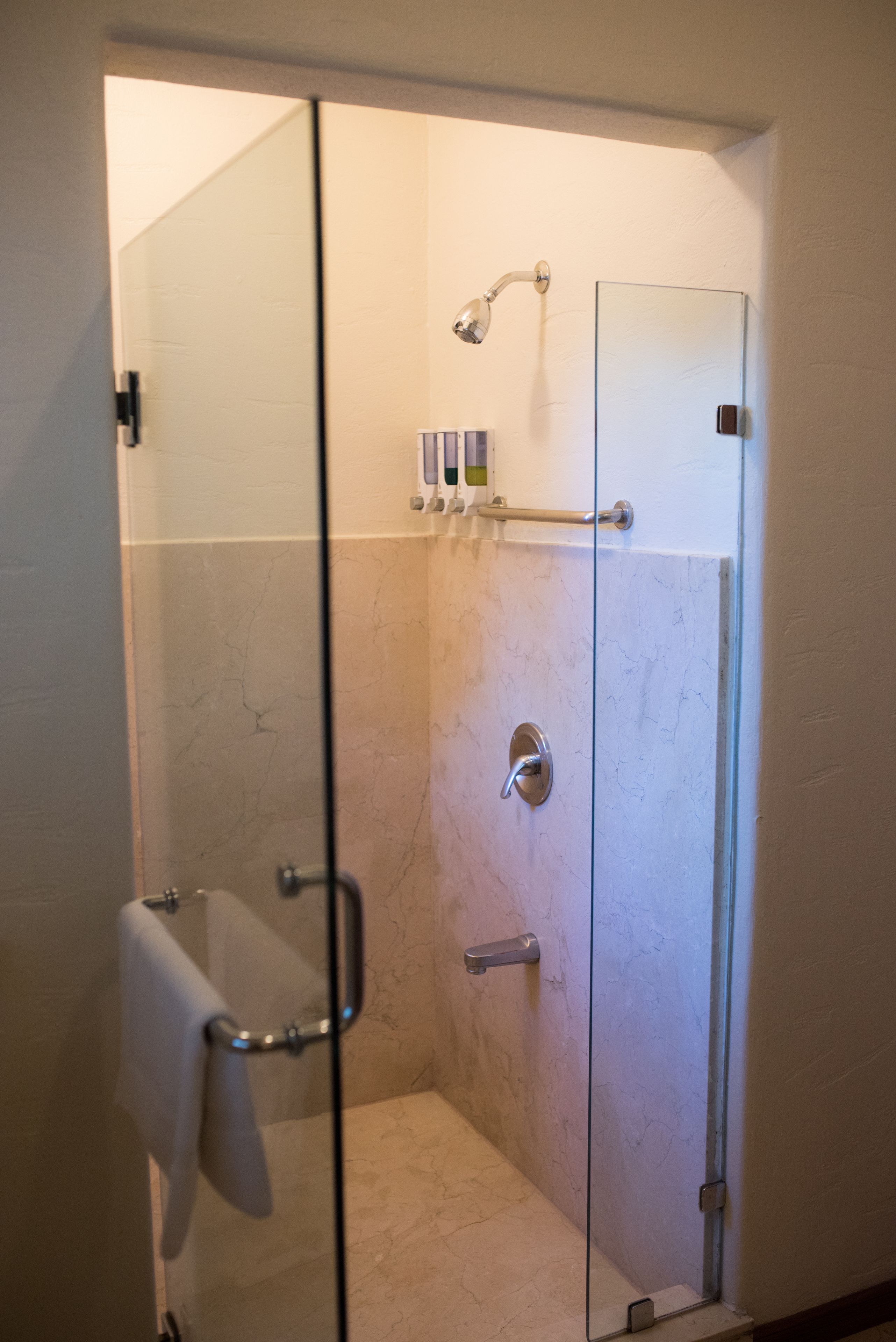 A glass-enclosed shower with a handheld showerhead, a towel rack, and a glass door.