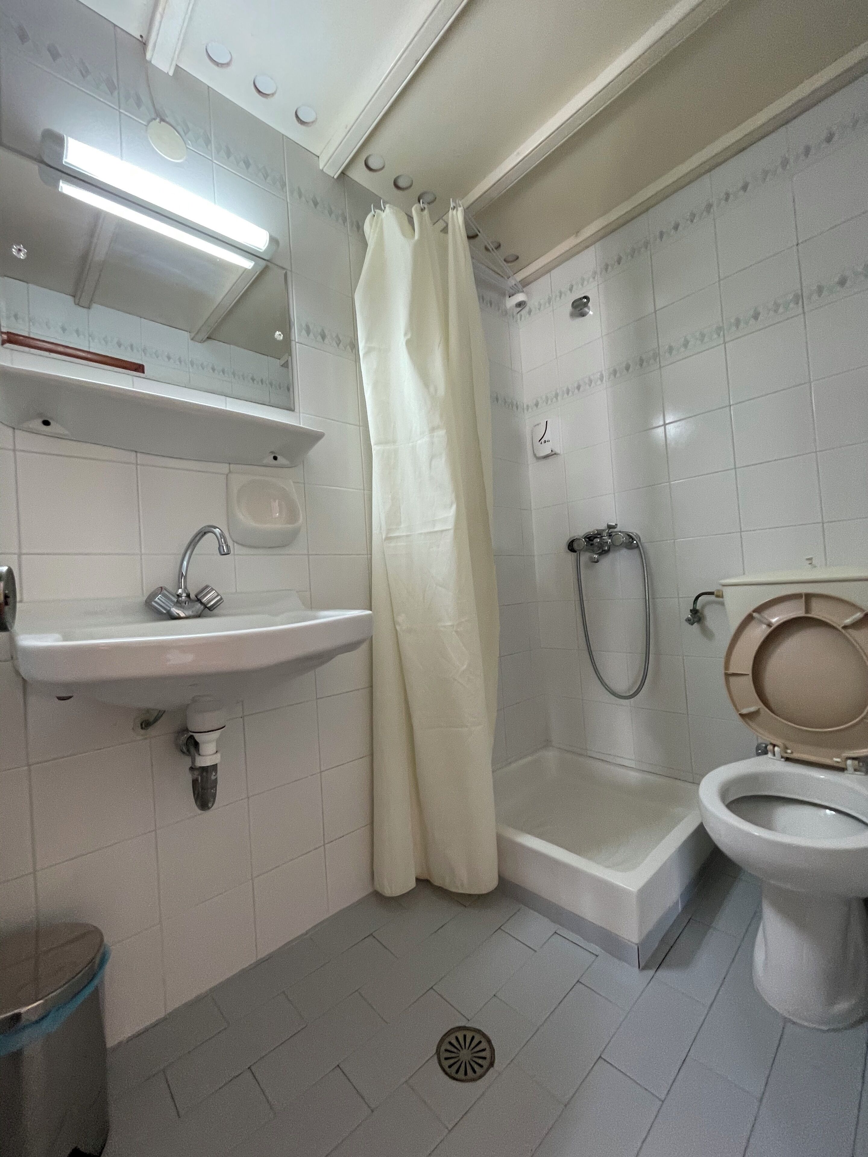 Une salle de bain équipée d’un lavabo, de toilettes, d’une douche et d’un miroir.