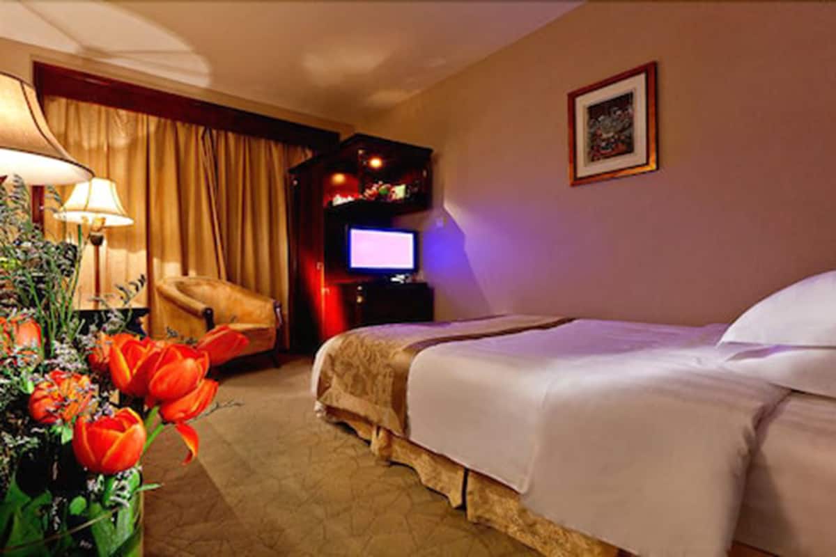 Una habitación de hotel con cama, una silla, televisión y un arreglo floral.